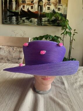 Purple Wide-Brim Hat with Pink Rose Accents